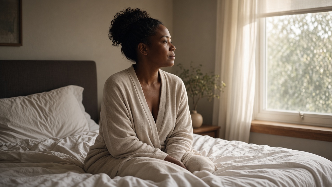 A quiet bedroom at first light, an adult sitting at the edge of the bed, unhurried morning