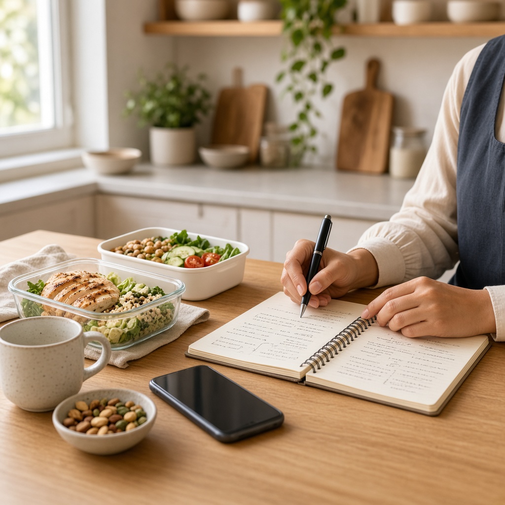 Warm clinic kitchen table with protein-rich meal prep and nutrition notes