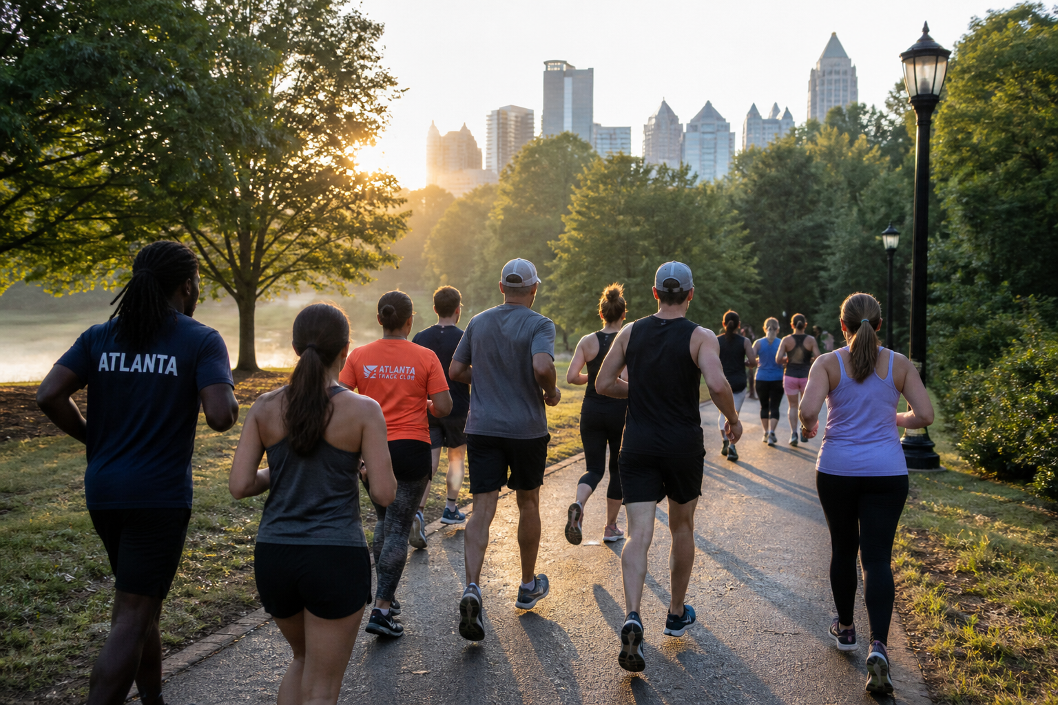 Atlanta walkers and runners moving together at a Running with Precision community event