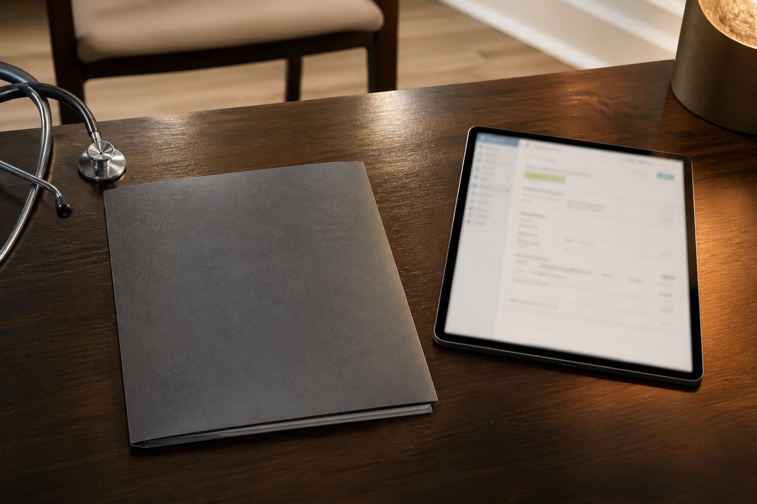 A clinical care desk scene representing lab review with physician oversight